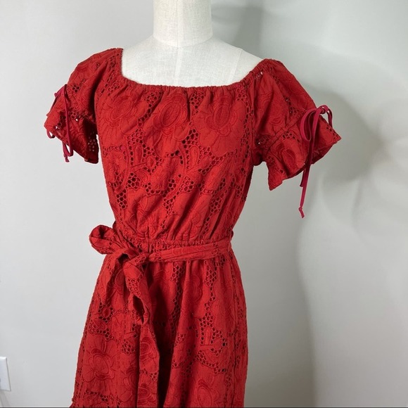 Shoshanna anthropologie eyelet red belted ruffle midi dress size 2 wedding guest - Picture 13 of 14